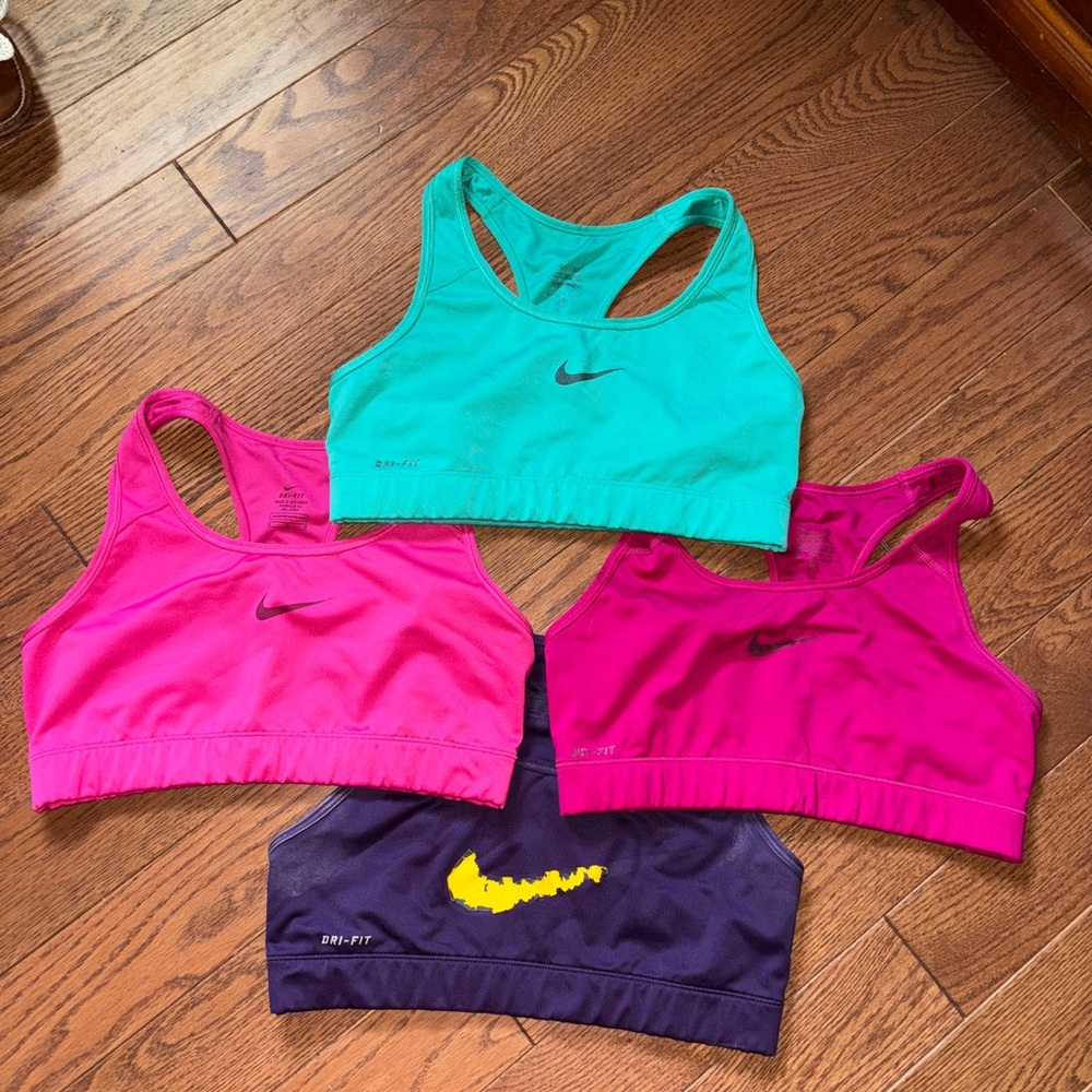 Nike Dri-FIT Sports Bras in Pink, Teal, and Purple